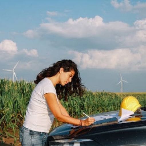 Woman working near her car next to corn fields and windmills 