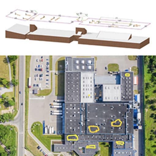 Aerial image of commercial building with roof measurements outlined