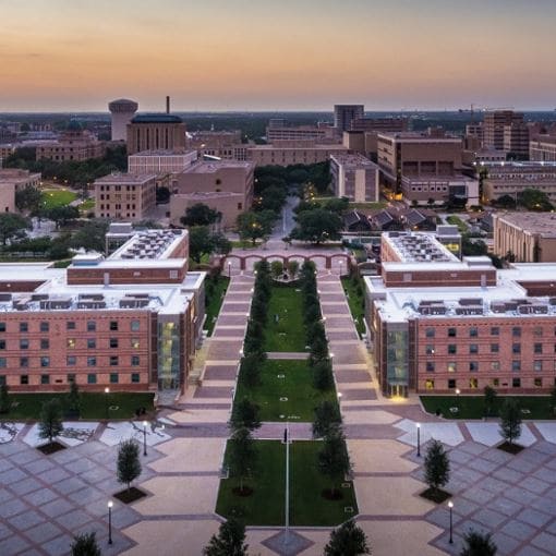 Aerial view of GAF coated school roofs at Texas A&M University