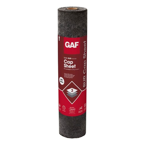 Roll of Tri-Ply BUR Granule Cap Sheet, made in the USA by GAF