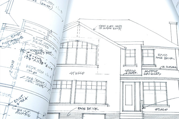 Architectural rendering of new construction home with roofing diagrams