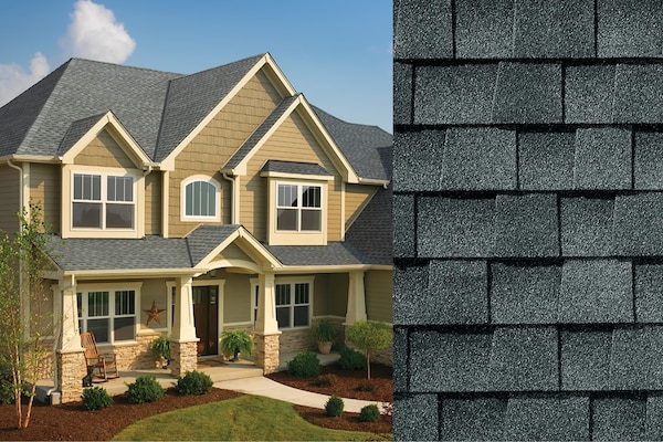 Beige home with gray Timberline GAF shingles and close up of roofing shingle