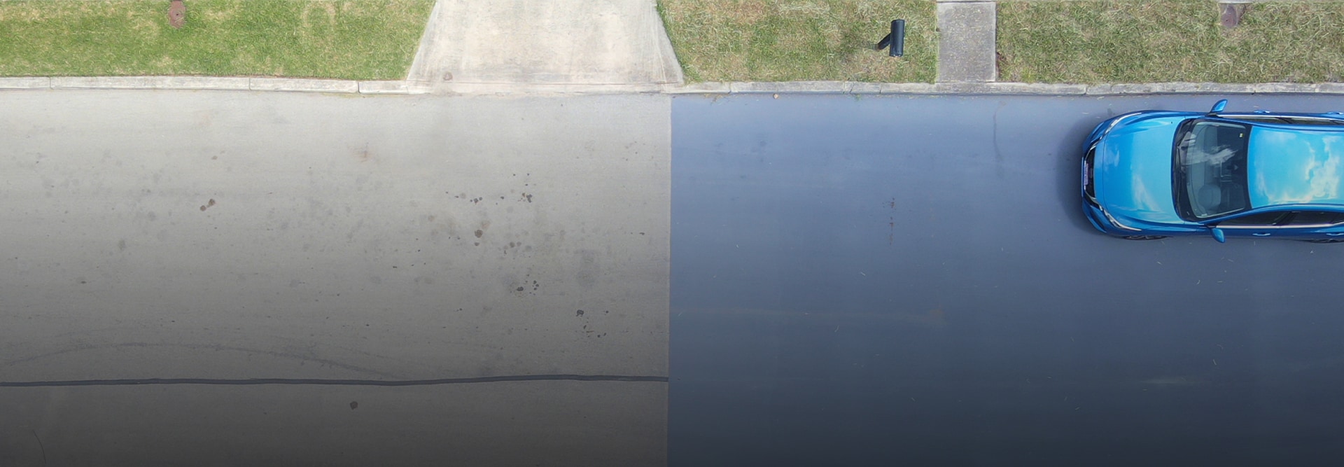 Side-by-side image before roadway maintenance and after GAF Roads asphalt pavement preservation