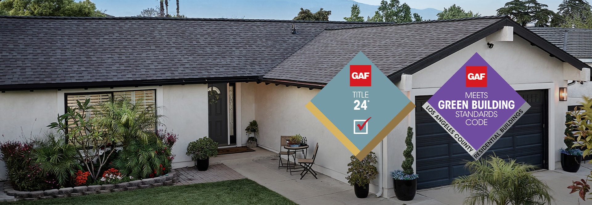 GAF cool roof shingles on a white home, meeting Title 24 and green building standards code