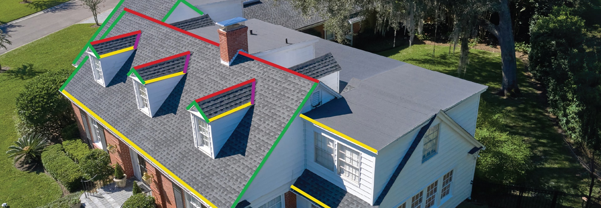 Single family home outline with roof measurements provided by GAF QuickMeasure