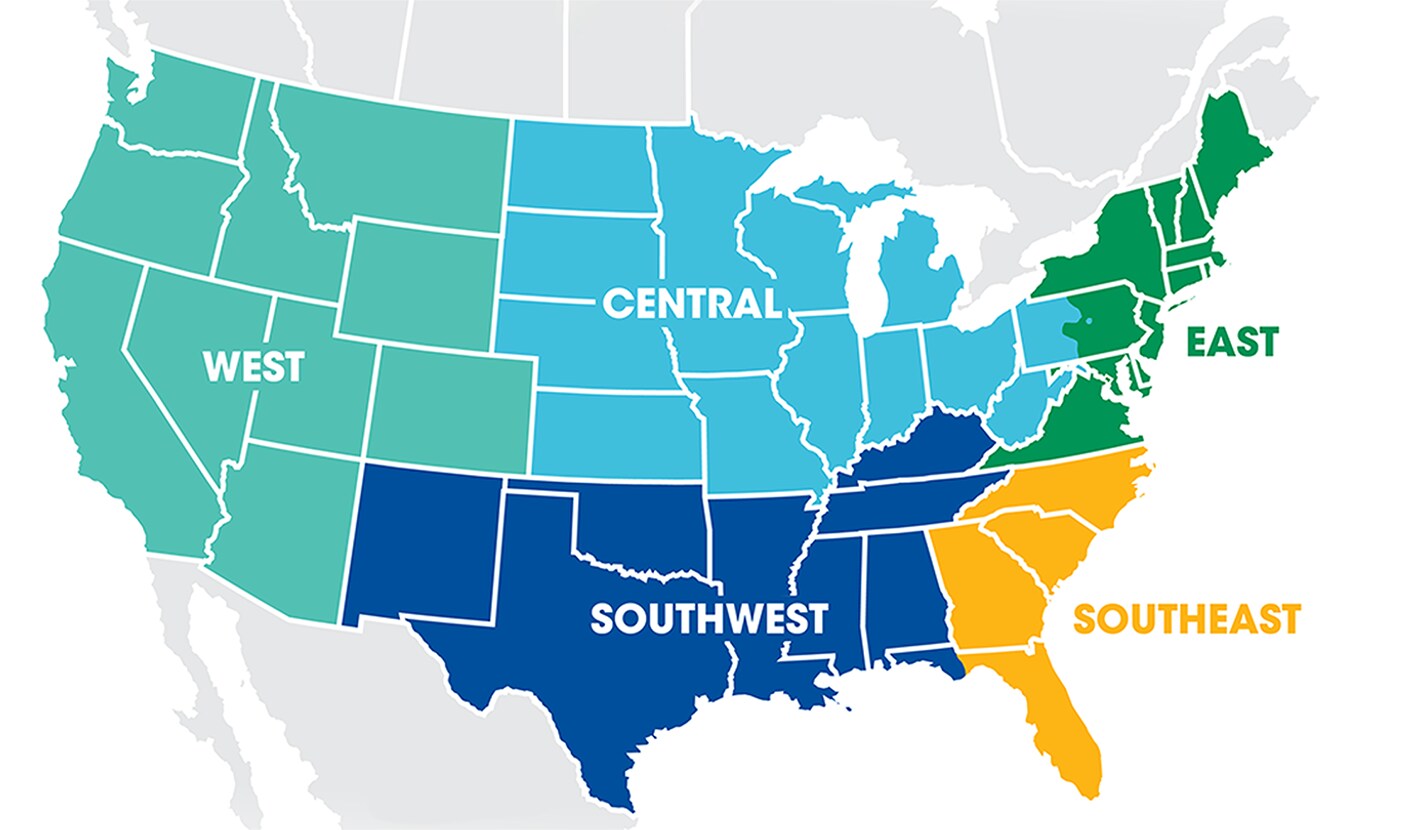 A color-coded map of the United States illustrating specific regions served by dedicated Building and Roofing Science specialists.