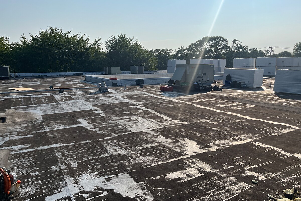 Aerial view of the The New Interdisciplinary School showing critical need for new school rooftop