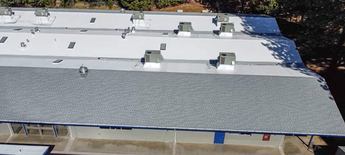 Aerial view of Twain Harte Elementary School with multiple GAF roofing solutions