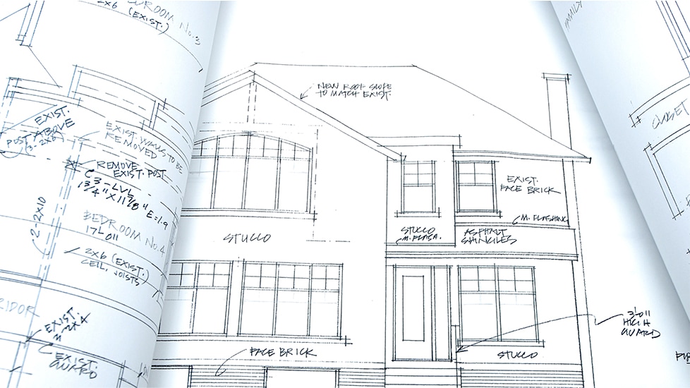 Architectural rendering of new construction home with roofing diagrams