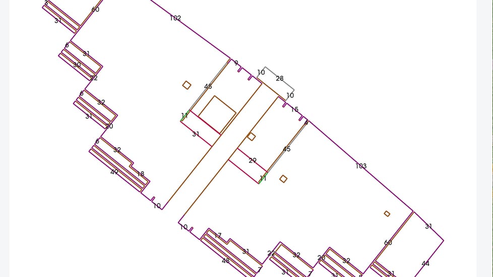 Drawing of commercial building with QuickMeasure roof measurements