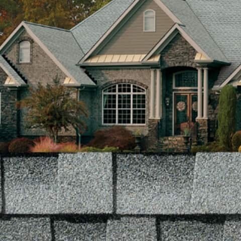 GAF gray shingle closeup along with gray shingles on a taupe house.