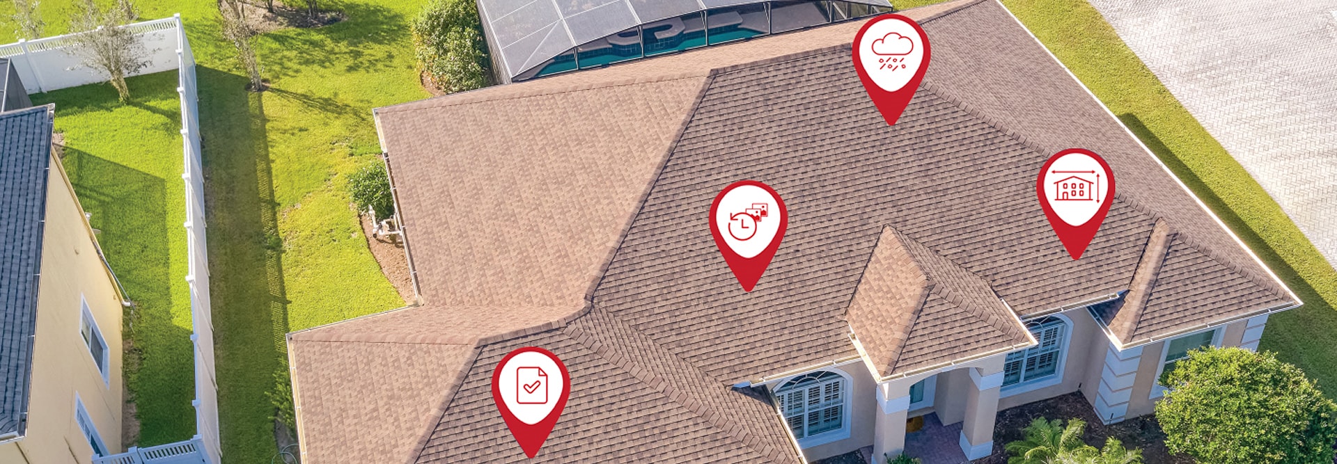 Aerial view of residential roof with property profile reporting from GAF QuickSite