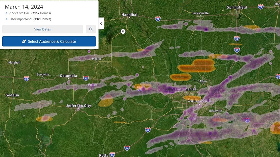 Example interactive hail map for roofing contractors from WeatherHub