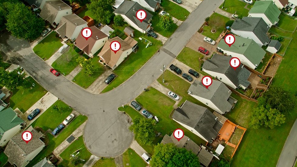 Aerial view of residential roofs with possible hail damage from GAF WeatherHub
